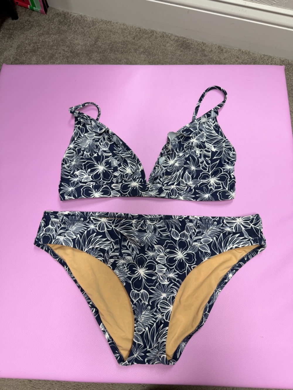 J. Crew Navy and White Floral Triangle Bikini Set